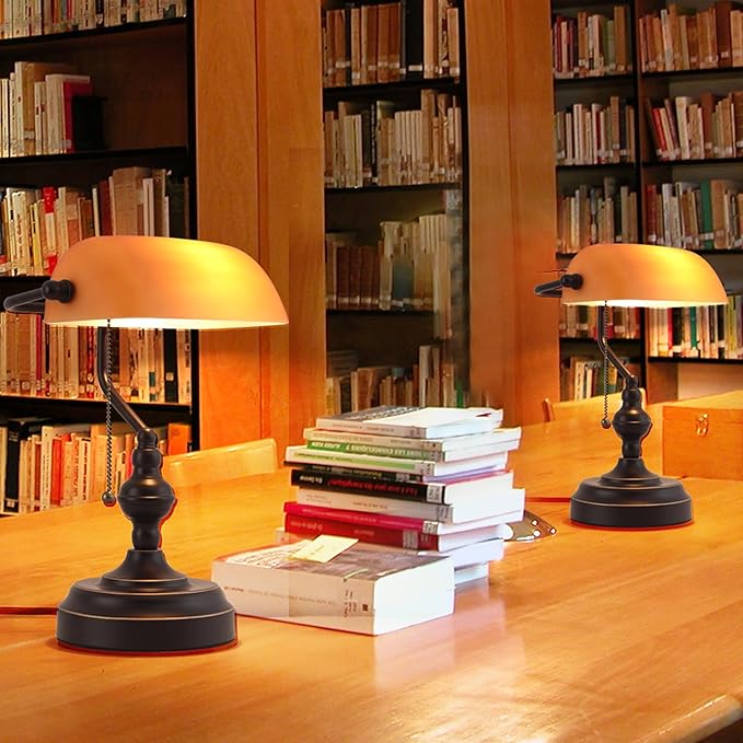 Bankers Desk Lamp with USB A and Type C Charging Port, Vintage Banker's Desk Lamp with Pull Chain Switch, Library Lamp for Office Study Room, Amber Glass Bronze Desk Lamps