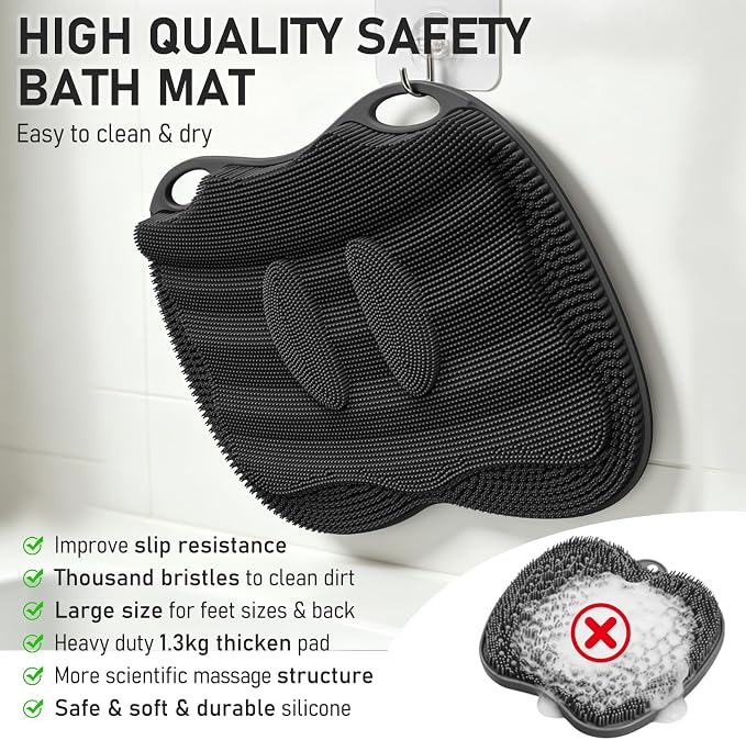 Shower Foot Scrubber Mat in Shower XL, Silicone Exfoliating Bathtub Safety Mat Massage Non-slip Suction Cups Scrubber Foot Toes Clean Pad without Bending Achy Relief 17.4 * 13.4" Black