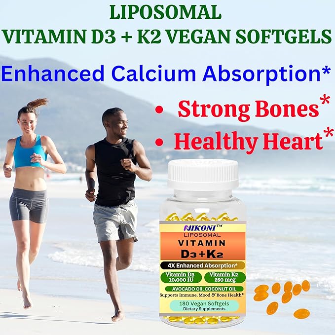 Nikoni Vitamine D3 Liposomale 10000 UI, Vitamine K2 (MK-7) 250 mcg, Infusée à l'Huile de Coco et d'Avocat, Facile à Avaler, Soutient l'Absorption du Calcium, la Santé des Os, 180 Gélules Molles Végétaliennes