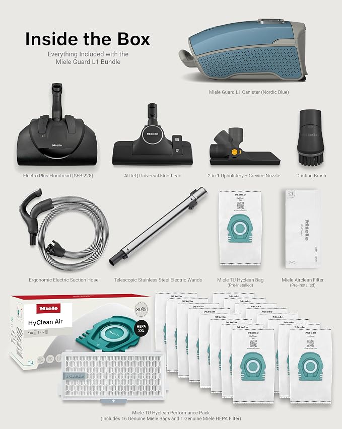 Miele Guard L1 Bagged Canister Vacuum Cleaner with AirClean Filter, Electro Plus Floorhead, AllTeQ Universal Floorhead, LED Display Panel, in Nordic Blue/Space Grey with Performance Pack