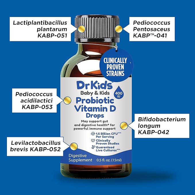 Dr. Kids Probiotic Vitamin D Drops – Supports Infant & Child Gut Health, Helps Reduce Gas, Colic & Fussiness, Baby Probiotic Drops with Vitamin D3, Pediatrician Recommended, Unflavored, 0.5 fl oz