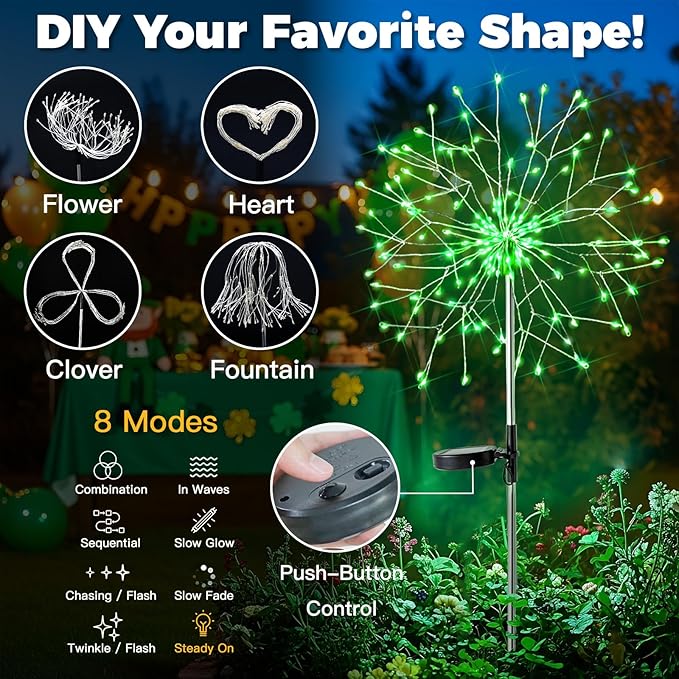 suddus Solar Garden Lights Outdoor - 150 LED Green Firework Lights Waterproof with 8 Modes, Solar Stake Lights Decorations for Outside Yard Pathway Flower Bed Halloween Decor (2 Pack)