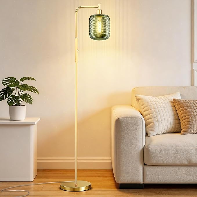 QiMH Floor Lamps for Living Room, Gold Standing lamp with Green Glass Lamp Shade, 67" Tall lamp with Rotary Switch, Dimmable Floor Lamp for Bedroom Office, 2700K Bulb Included