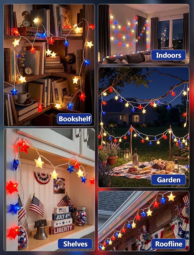 LED Red White Blue Star String Lights Plug in, 8.5Ft 4th of July Decorations Lights with 10 LED Star Light, Hanging Patriotic Outdoor Lights for Independence Day Window Home Patio Party Garden Decor