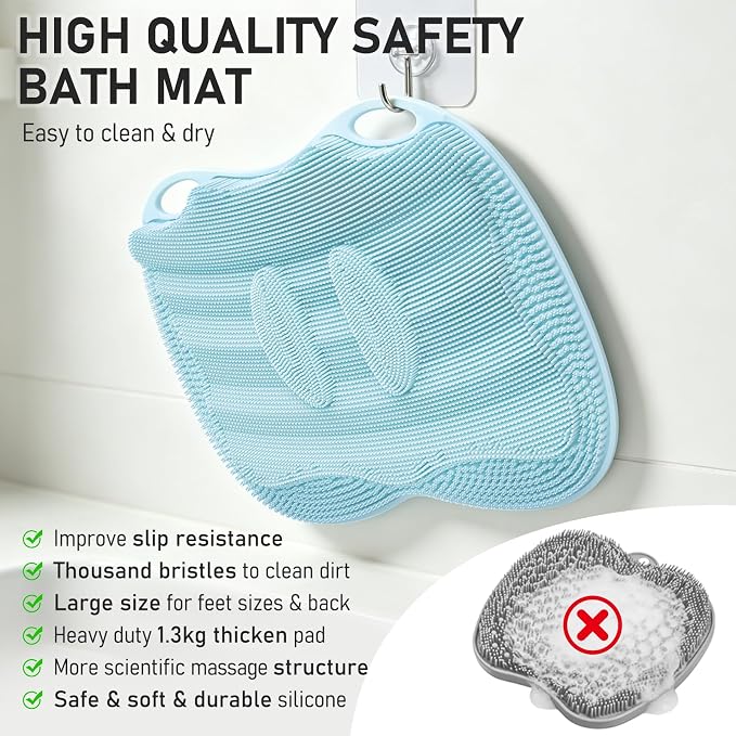 XL Shower Foot Scrubber Mat, Silicone Feet Massage Scrubber in Shower Clean Foot Toes Pad without Bending Non-slip Suction Cups -Blood Circulation Exfoliate Achy Relief 17.4*13.4" Light Blue