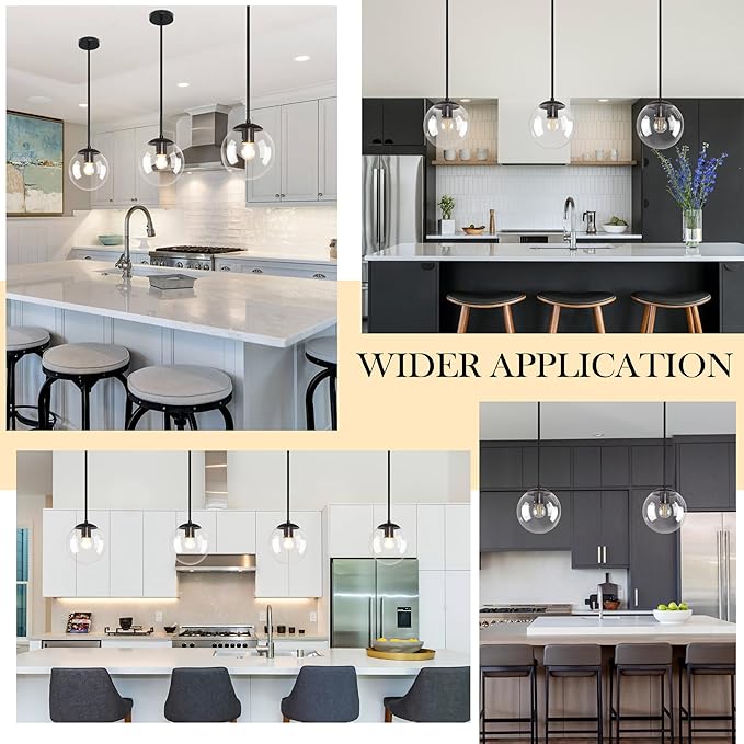 Bagood 8 Inch Black Mid Century Pendant Light Globe Clear Glass Fixture Lights Kitchen Island Globe Pendant Light Mid Century Adjustable Hanging Farmhouse Lights Fixtures for Kitchen Island