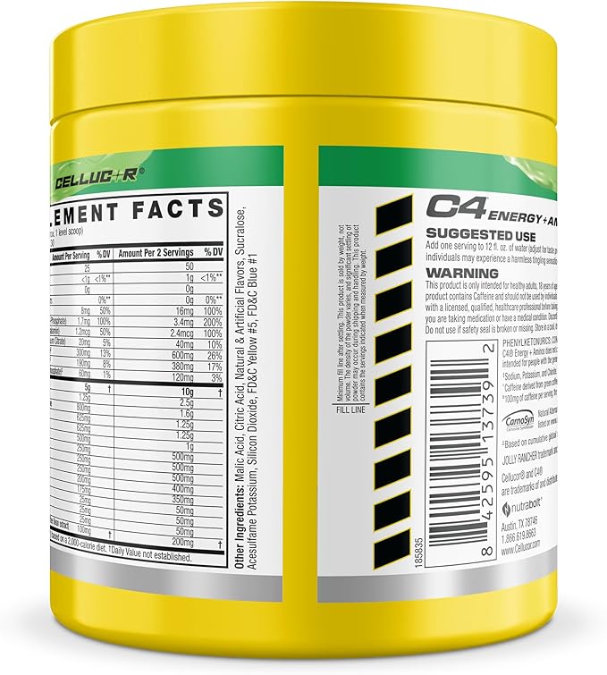 C4 Energy + Aminos Powder Jolly Rancher Green Apple, 5g BCAAs & EAAs for Muscle Recovery, 3 Electrolytes for Hydration, 100mg Natural Caffeine, Pre Workout, Zero Sugar, 30 Servings
