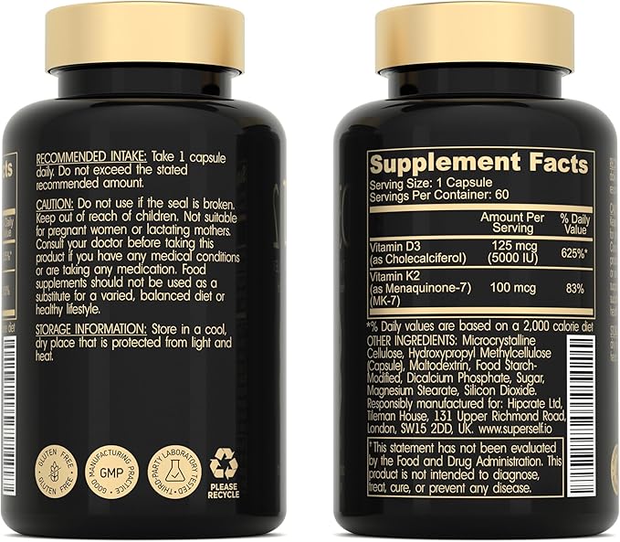 Gélules SuperSelf Vitamine D3 K2 - Vitamine D3 5000 UI et Vitamine K MK7 100mcg - 60 Gélules - Complément de Vitamine D végétarien fabriqué aux États-Unis - Vitamine D à haute dose pour les os, les muscles, les dents, le système immunitaire