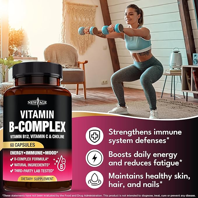 Vitamin B Complex for Men & Women - Made in USA - B-Complex: B1, B2, B3, B5, B6, B7, B8, B9, B12 with Vitamin C, Choline, Inositol - Energy, Brain & Heart Support Supplement - 120 Vegan Capsules