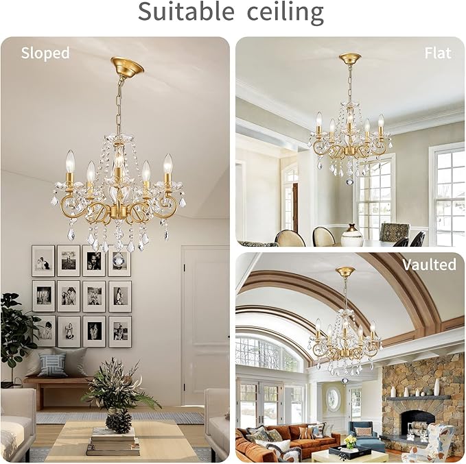 ANJIADENGSHI Mini Crystal Chandelier K9 Crystal Gold Chandelier for Living Room Bedroom Dining Room Kitchen Island Entryway 5 E12 Bulbs High 16.5 in x Diameter 16.9 in, Golden