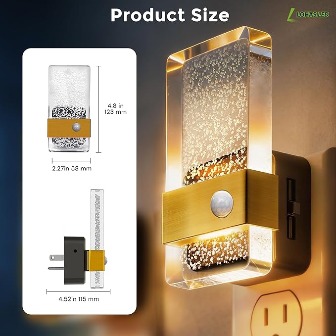 L LOHAS LED Motion Sensor Night Light, 2 Pack Night Lights Plug Into Wall Motion Activated and Dusk to Dawn Sensor, 0-100LM Dimmable Nightlight, Warm White Nightlights for Bathroom, Hallway, Gift