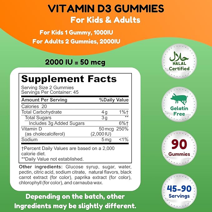 Gummies végétariennes de vitamine D3 SHIFAA NUTRITION pour adultes et enfants | 45-90 portions, 2 000 UI / 1 000 UI | Sans OGM, sans gluten, sans gélatine | Soutient les os, les muscles et le système immunitaire Vitamines Halal
