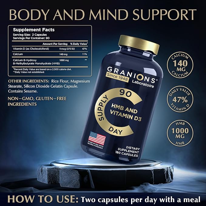 Suppléments de Vitamine D3 et HMB pour Hommes et Femmes - 1 000 mg de bêta-Hydroxy bêta-méthylbutyrate de Calcium par Portion - Soutien Nutritionnel Quotidien pour la Fonction Musculaire et la Santé Osseuse - 3 Mois d'Approvisionnement, 180 Gélules