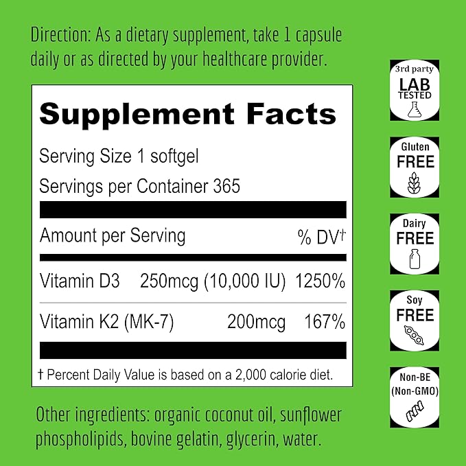 UpNourish Liposomal D3 K2 Vitamin 10000 IU D3 and K2 MK-7 200 mcg - 365 Vitamin D3 k2 (Vitamina D3 con K2) Mini Softgels - Easy to Swallow K2 D3 Vitamin Supplement