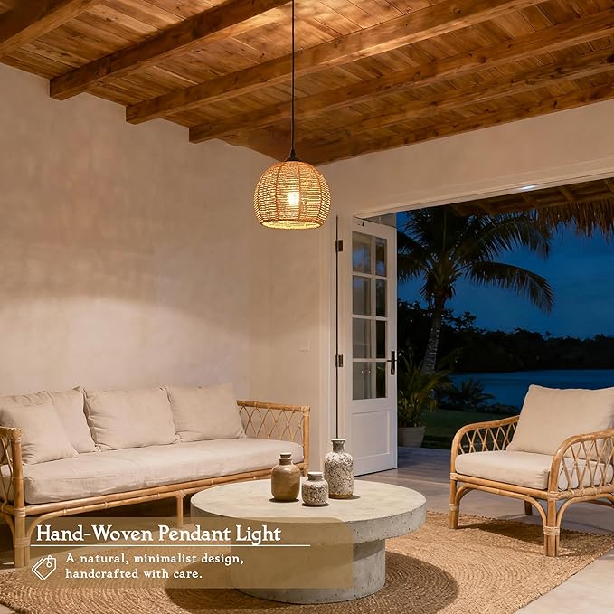 Plug in Mini Hemp Rope Woven Pendant Light Woven Light Fixture Boho Chandelier Wicker Pendant Lights Rattan Plug in Cord Hanging Lights Dome Wicker Chandelier for Bedroom (Bulb Incl.)