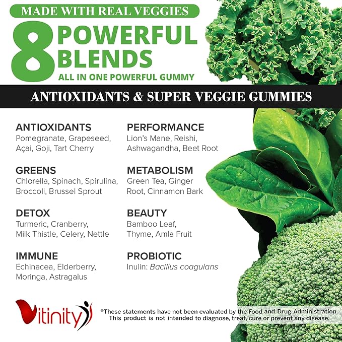 VITINITY Gummies aux vrais fruits et vrais légumes - Complément vitaminique superaliment pour femmes, hommes et enfants - avec un mélange de fruits et légumes verts pour la santé quotidienne (approvisionnement de 60 jours)
