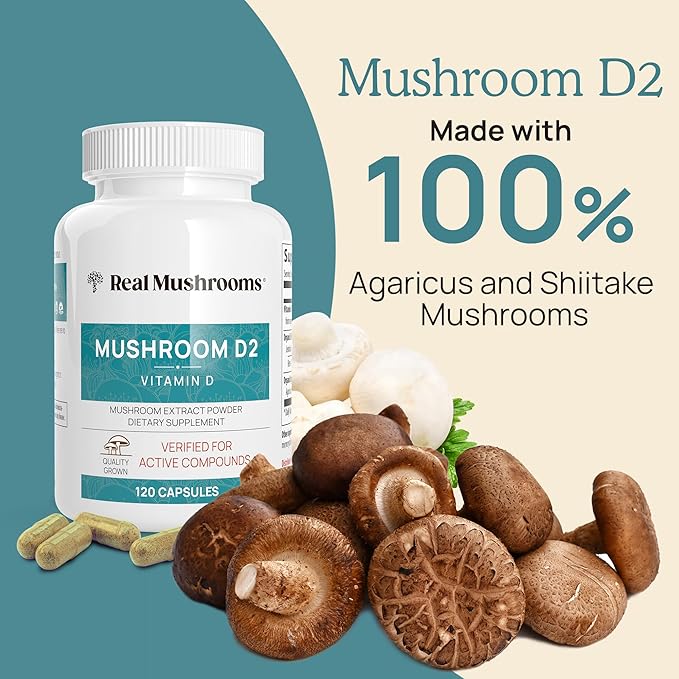 Real Mushrooms 椎茸＆アガリクス由来ビタミンD2 – ビーガンキノコベースDサプリメント – 全体的な健康をサポートするビタミン – オーガニック、非遺伝子組み換え、1000 IU – 120粒 機能性マッシュルーム