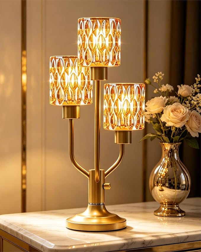 Mid Century Modern Vintage Table Lamp Dimmable Nightstand Lamp Gold Desk Lamp with Brown Glass 3 Bulbs Included Warmwhite Ambient Bedside Lamps for Bedroom Living Room Office Home Decor