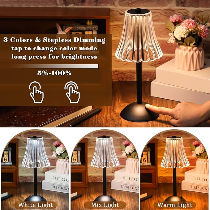 Liliful 1 Pcs Cordless Table Lamp Rechargeable Touch LED Small Gold Portable Battery Operated USB-c Desk Lamp 3 Color Dimmable for Bedroom Living Room Dining (Black,Rose Style)