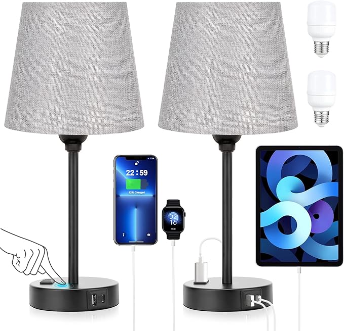 Grey Bedside Lamps for bedrooms Set of 2 - Nightstand Bedroom Lamp with USB C Port and AC Outlet Charging, 3 Way Dimmable Touch Control Small Bed Side Table Lamp, Night Stand Light for Kids/Guest Room