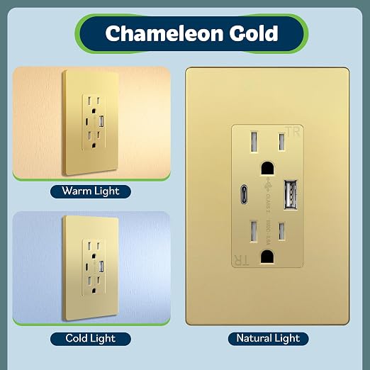 TOPGREENER USB Outlet, 4.2A Type C & Type A Wall Outlet, 15 Amp Tamper Resistant Receptacle Plug, Charging Power Outlet with USB Ports, UL Listed, TU21536AC-GDWSI, Gold