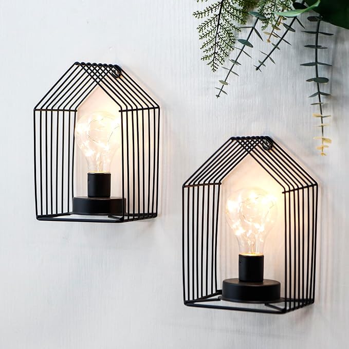 JHY DESIGN Set of 2 Battery Operated Wall Sconce 7''H Metal Wall Mount Lamp with 6-Hour Timer and Fairy Lights Bulb Table Lamp Wall Decor for Bedroom Living Room Hallway Stairway(House Shape)