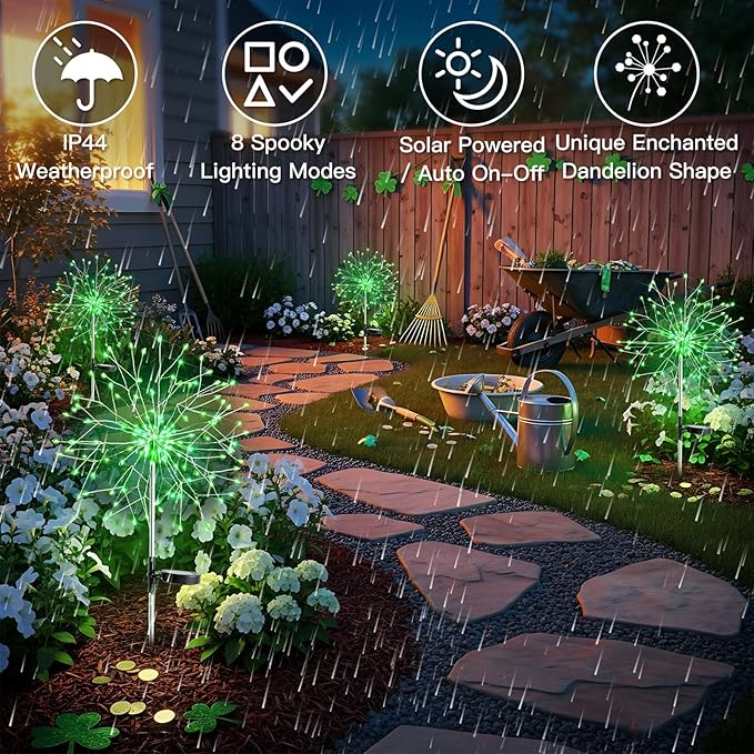 suddus Solar Garden Lights Outdoor - 150 LED Green Firework Lights Waterproof with 8 Modes, Solar Stake Lights Decorations for Outside Yard Pathway Flower Bed Halloween Decor (2 Pack)