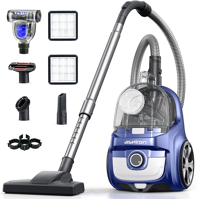 Aspiron Canister Vacuum Cleaner, 40Kpa Bagless Vacuum Cleaners, 4QT Large Dust Cup, Double HEPA Filter, Retractable Cord, 1600W Lightweight Vacuum Cleaner with 5 Tools for Hard Floors, Prussian Blue