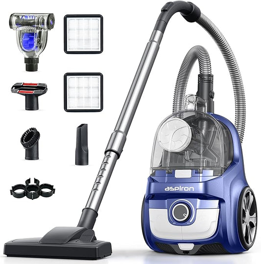 Aspiron 40Kpa Canister Vacuum Cleaner, 1600W Bagless Canister Vacuum Cleaner with 5 Tools, Auto Cord Rewind, H13 HEPA Filter, 4Qt Large Cup, for Hard Floors, Carpet, Pet, Upholstery, Tiles, Sapphire