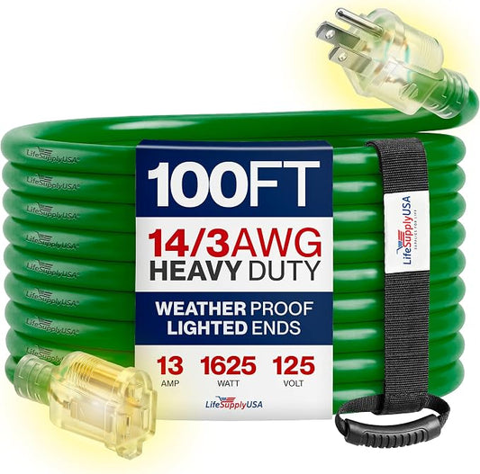 100ft Outdoor/Indoor Extension Cord 14/3 Gauge Heavy Duty 3 Prong SJTW, Waterproof, Flexible Cold-Resistant Long Power Cord,13A 125V 1625W, Green by LifeSupplyUSA