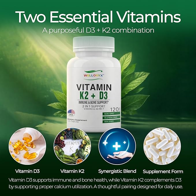 Complément Vitamine D3 K2 – Haute Puissance 10 000 UI Vitamine D3 (Cholécalciférol) + 100 mcg Vitamine K2 MK-7 – Soutien Immunitaire, Osseux et Cardiaque – Sans OGM, Sans Gluten ni Soja – 120 Gélules