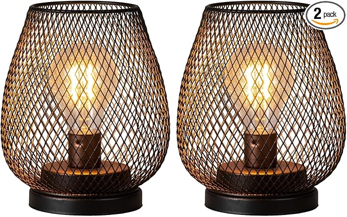 Set of 2 Battery Operated Lamp LED Table Lantern, Brown Metal Cage Cordless Lamps with LED Bulb，Vintage Decorative Outdoor Lantern for Weddings, Parties, Patio, Events for Indoors Shelf Decor