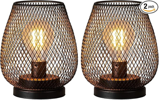 Set of 2 Battery Operated Lamp LED Table Lantern, Brown Metal Cage Cordless Lamps with LED Bulb，Vintage Decorative Outdoor Lantern for Weddings, Parties, Patio, Events for Indoors Shelf Decor