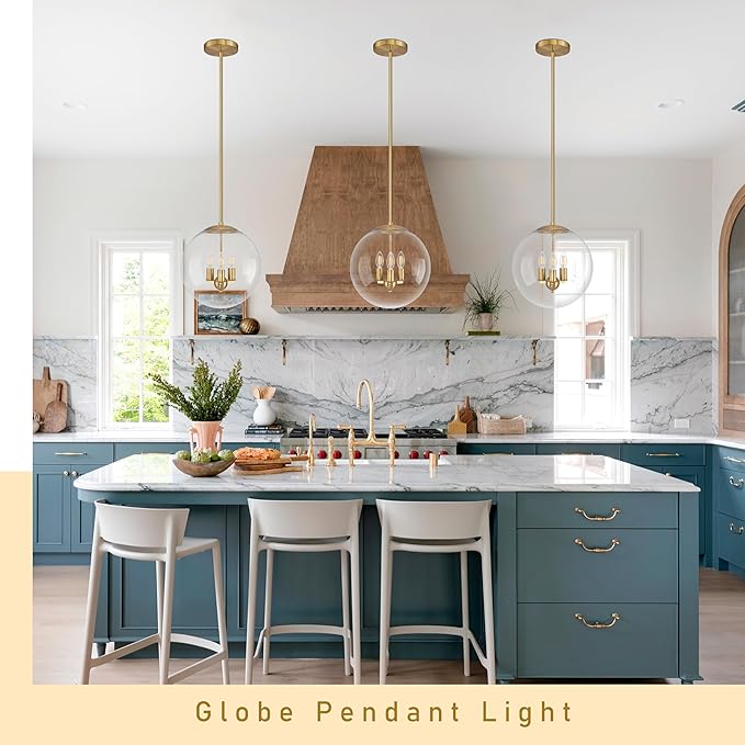 Bagood 14" Globe Pendant Light Contemporary Globe Pendant Lights Kitchen Island 3 Light Gold Mid Century Pendant Light Clear Glass with Brass Finish Adjustable Hanging Light Fixture for Dining Room