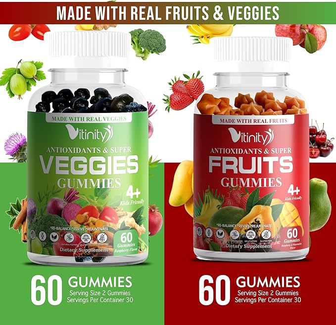 VITINITY リアルフルーツ＆リアルベジタブルグミ - 女性、男性、子供向けスーパーフード野菜ビタミンサプリメント - 毎日の健康のためのフルーツとグリーンブレンド。フルーツ＆野菜サプリメント（30日分）