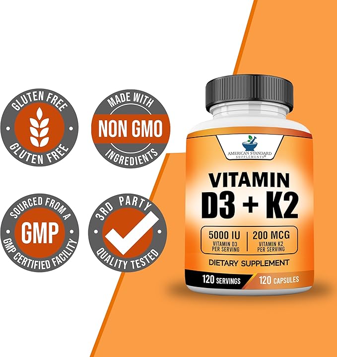 American Standard Supplements Vitamin D3 5000 IU (125mcg) Plus Vitamin K2 (MK7) 200mcg Per Capsule - Gluten Free, Non-GMO, 120 Capsules, 120 Servings, 120 Day Supply