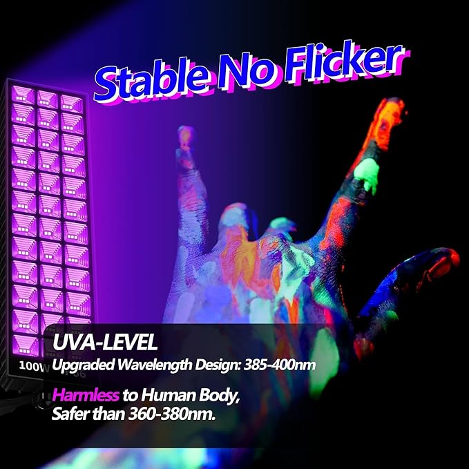 THECHAM 2 Pack 100W LED Black Lights Bar, Black Light for Glow Party, 385-400nm Blacklight Flood Light for Blacklight Party, Bedroom, Halloween, Fluorescent Poster, Body Paint