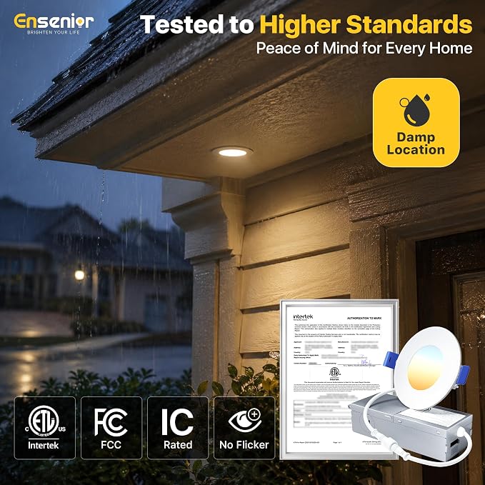 Ensenior 12 Pack 3 Inch LED Recessed Ceiling Light, Dimmable, 2700K-5000K 5CCT, 500LM 6W 120V, High Brightness Canless Wafer Downlight - ETL&FCC&IC