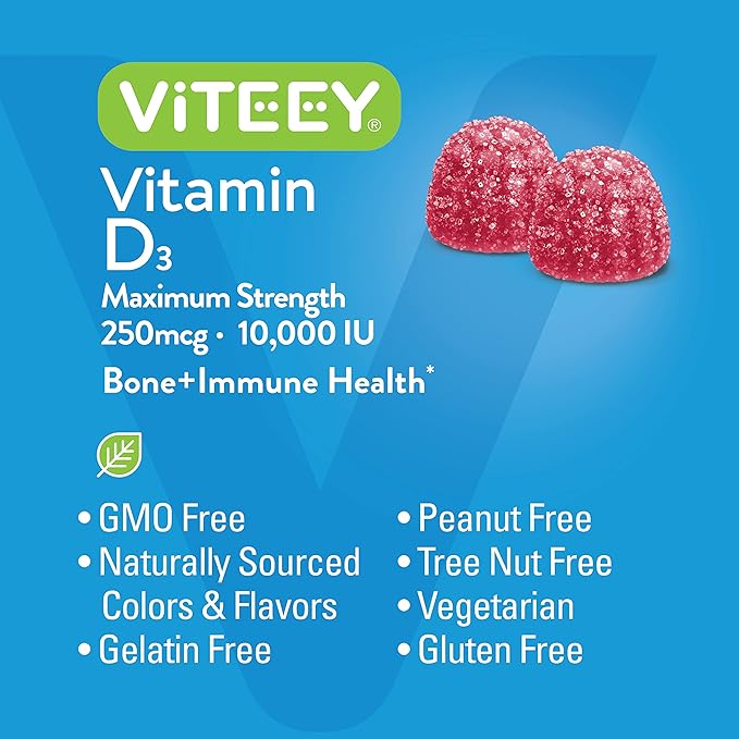 VITEEY Gommes Vitamine D3 pour Adultes et Adolescents - 10 000 UI, 250mcg, Puissance Maximale - Santé Articulaire et Musculaire, Renfort Immunitaire - Vitamine D à Croquer - Végétarien, Sans Gélatine - Goût Baies Délicieux