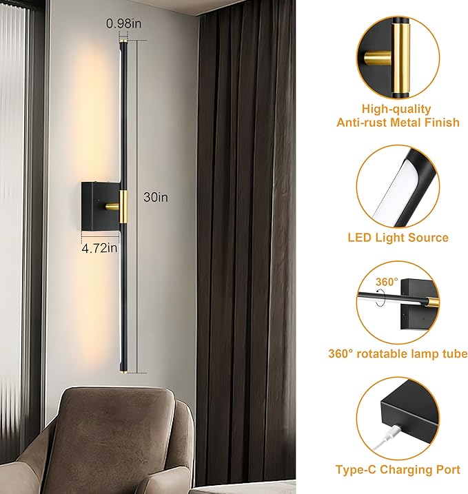 10000mAh Battery Operated Wall Sconces Set of 2, 3 Color Dimmable Rechargeable Wall Light with Remote, 30 Inch Black Gold Wireless Sconces Wall Decor with Timer Function for Living Room, Bedroom, TV