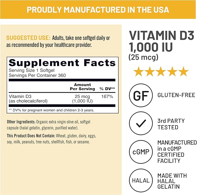 NatureWise ビタミンD3 1000IU (25mcg) 1年分 免疫サポート、健康的な筋肉機能、骨の健康に - 非遺伝子組み換え、グルテンフリー、オーガニックエクストラバージンオリーブオイル使用、ミニソフトジェル、360粒