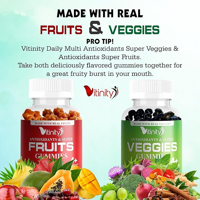 VITINITY リアルフルーツ＆リアルベジタブルグミ - 女性、男性、子供向けスーパーフード野菜ビタミンサプリメント - 毎日の健康のためのフルーツとグリーンブレンド。フルーツ＆野菜サプリメント（30日分）