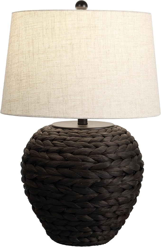 JONATHAN Y 24.5" Black Water Hyacinth Farmhouse Basket Table Lamp, Coastal Decor for Living Room Bedroom Nightstand, Light Gray Linen Shade, LED Bulb Included (JYL6501D)