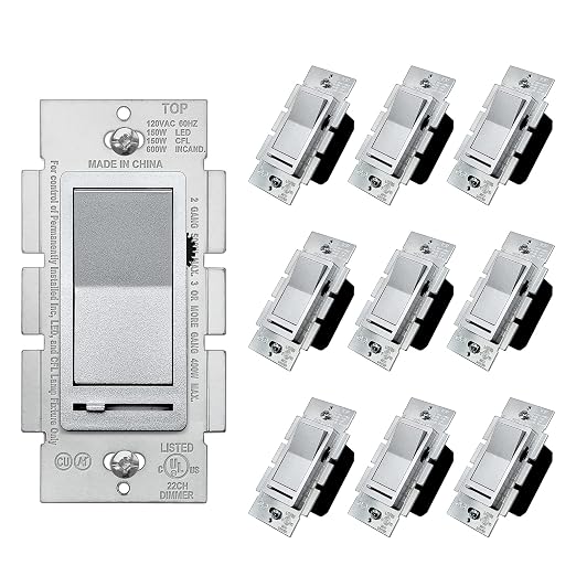 BESTTEN 10 Pack Matte Silver Dimmer Light Switch, Single Pole or 3-Way, Compatible with Dimmable LED, CFL, Incandescent and Halogen Bulb, LED Slide Dimmer Wall Switch, 120VAC, UL Listed
