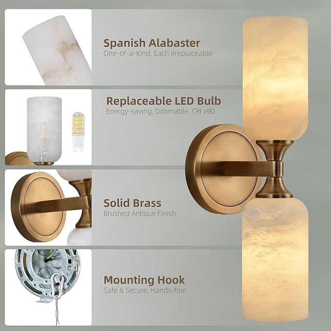 Alabaster Wall Sconce, Solid Brass Sconce with Natural Spanish Alabaster, 14.4 in Vanity Lights for Bathroom, Hardwired Wall Lamp for Bedroom Staircase Hallway, G9 LED Bulb, Set of 2