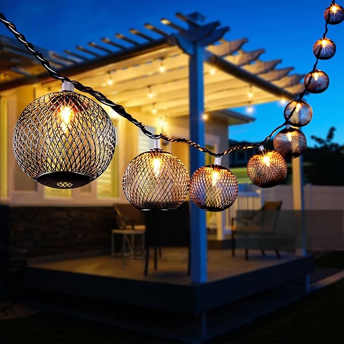 Decorative Lantern String Lights Plug in with 10 Black Metal Ball, Connectable Waterproof Outdoor Decorative String Lights Indoor for Bedroom Patio Pergola Decor
