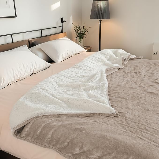 Electric Heated Blanket 84"x90" Queen Size, Dual-Sided Microplush Sherpa for Bedroom Couch Use, 4 Heat Settings & 10 Hours Auto Off Energy Saving, Dual Controller, Machine Washable - Light Brown