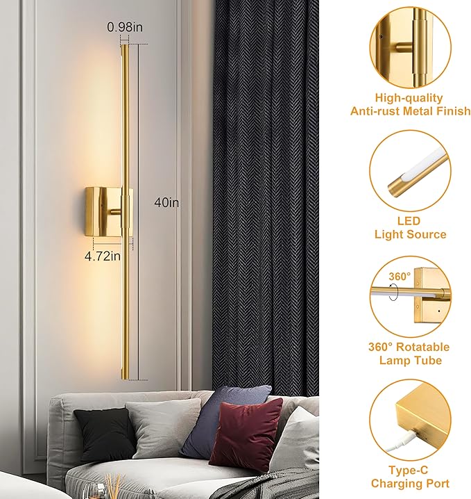 Morauroral 40″ Gold Battery Operated Wall Sconces Set of Two, Dimmable Wall Sconces with Remote Control, Rechargeable Sconces Wall Lighting, LED Wireless Wall Lights for Bedroom, Living Room, Bathroom
