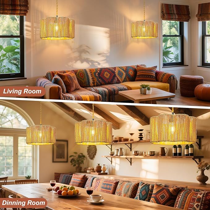 Hanging Lights with Plug in Cord Rattan Hanging Lamp Boho Ceiling Light Fixtures Farmhouse Pendant Lamp Shape for Living Room Bedroom Kitchen