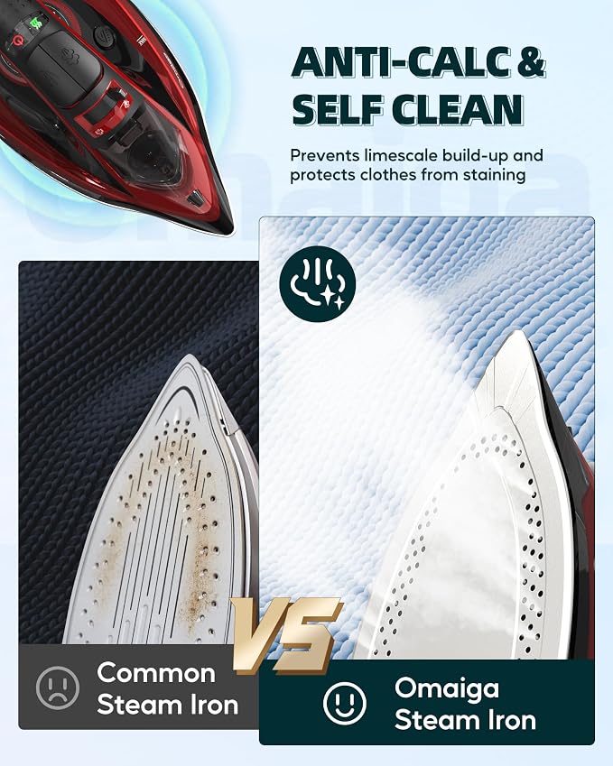 OMAIGA Cordless Iron for Clothes, 1500W Wireless Steam Iron with Ceramic Soleplate, 360 Degree Power Base, Auto Shut Off, Self-Clean, Anti-Calc, 3 Temperature Settings, 11.84oz Water Tank, Red